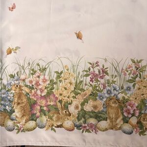 Floral Easter Bunny Border Tablecloth in White and Pastel